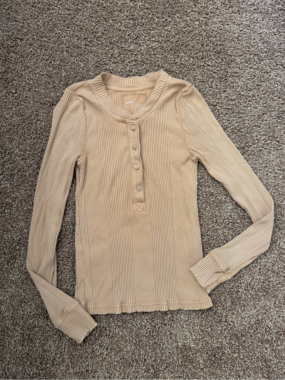 aerie Beige Ribbed Henley Long Sleeve Top
